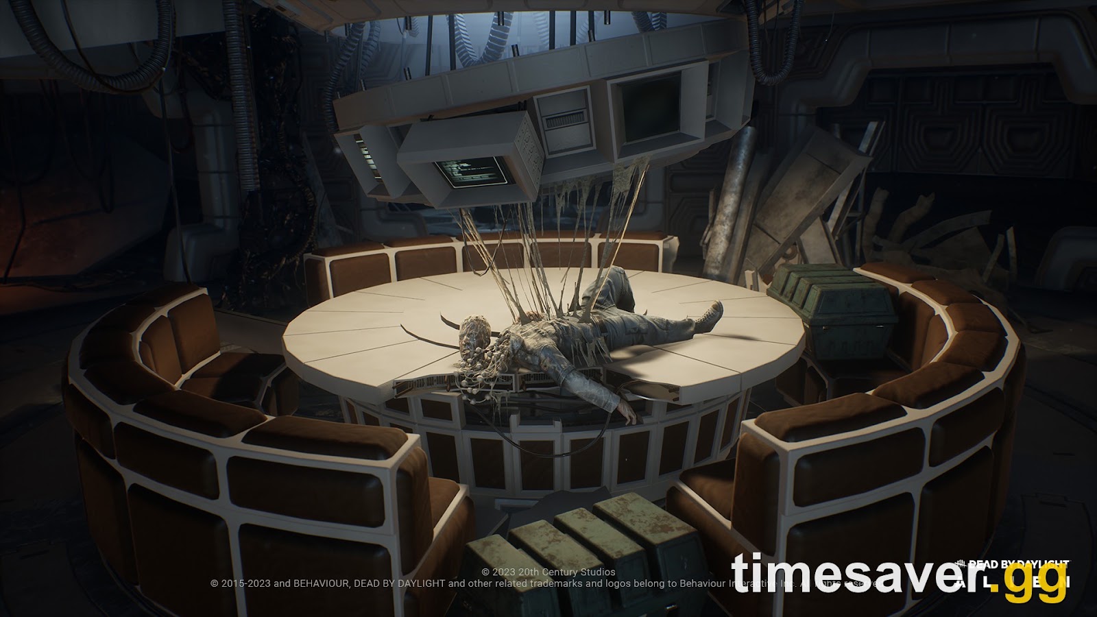 The Nostromo Wreckage Mess Hall in Dead by Daylight with the crew table and the chestburster corpse at its centre