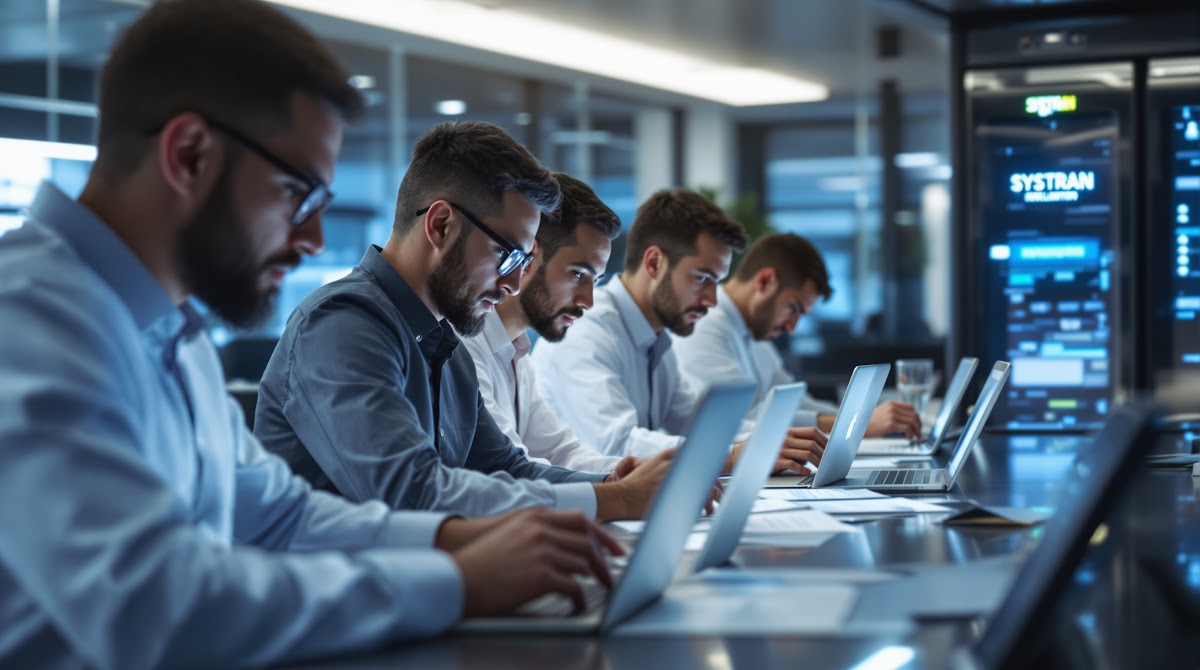 다양한 국적의 연구자들이 현대적 사무실에서 노트북과 AI 번역 소프트웨어를 활용해 논문번역 작업을 진행하고, 옆에는 시스트란 로고가 보이는 고성능 서버와 보안 시스템이 함께 배치된 국제 연구 환경
