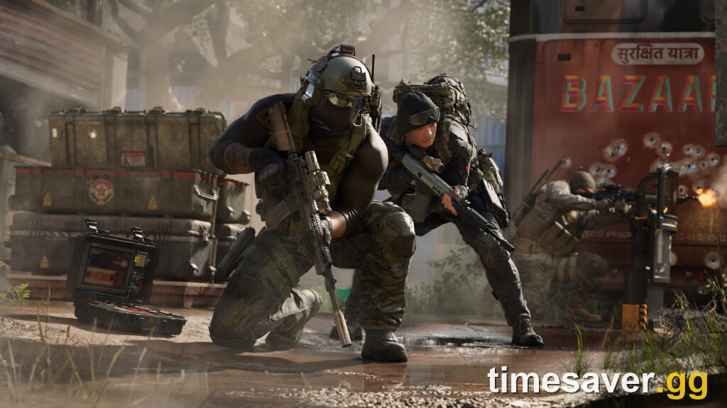 Modern Warfare 4 Operators pushing an objective in a multiplayer firefight