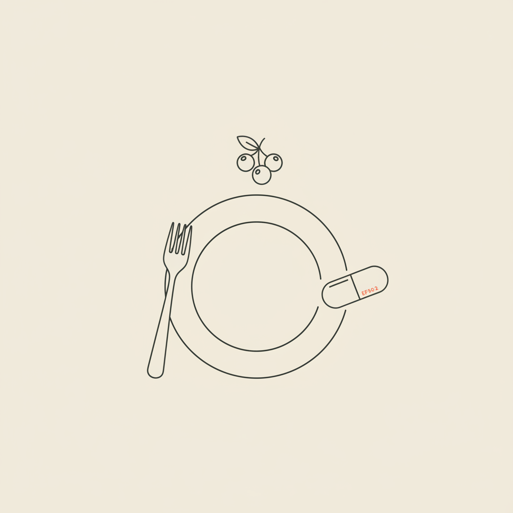 Minimal vector line illustration of a plate with a fork, a capsule and a small bunch of berries on a beige background, symbolizing nutrition for belly fat management.