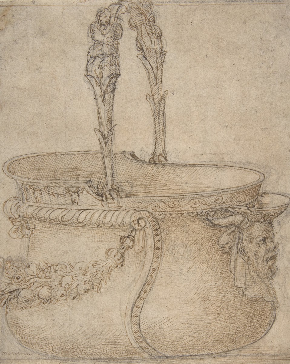 Design for a Bucket Like Vessel with a Handle of Two Interlaced Captives on a Bo