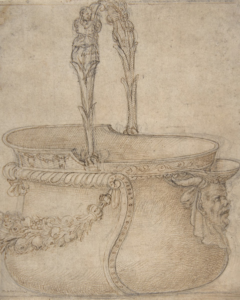 Design for a Bucket Like Vessel with a Handle of Two Interlaced Captives on a Bo