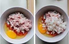 Cắt nhỏ hành tây và kim chi cải thảo, sau đó băm nhỏ tôm và mực. Tất cả cho vào chén để chuẩn bị trộn. Cho thêm trứng gà và thịt heo đã xay nhuyễn, đồng thời cho luôn hành tây vào, trộn đều lên với đường, hạt nêm.