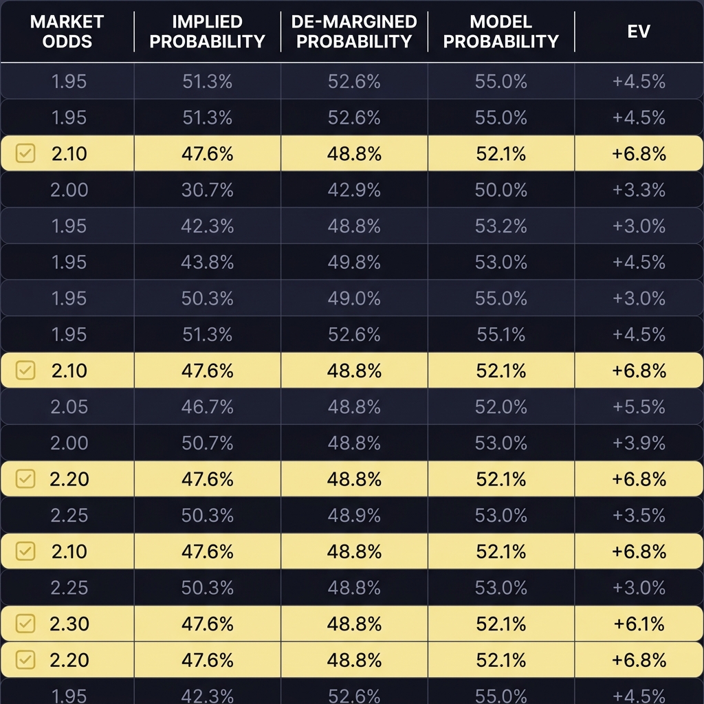 Full frame spreadsheet screenshot showing market odds implied probability de margined probability model probability and EV with checklist highlighted rows in Funded Plays brand colors for A Practical Guide to Probability-Based Sports Trading