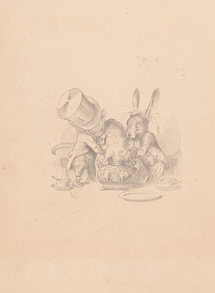 Drawing of Hatter and March Hare putting dormouse in teapot 1866