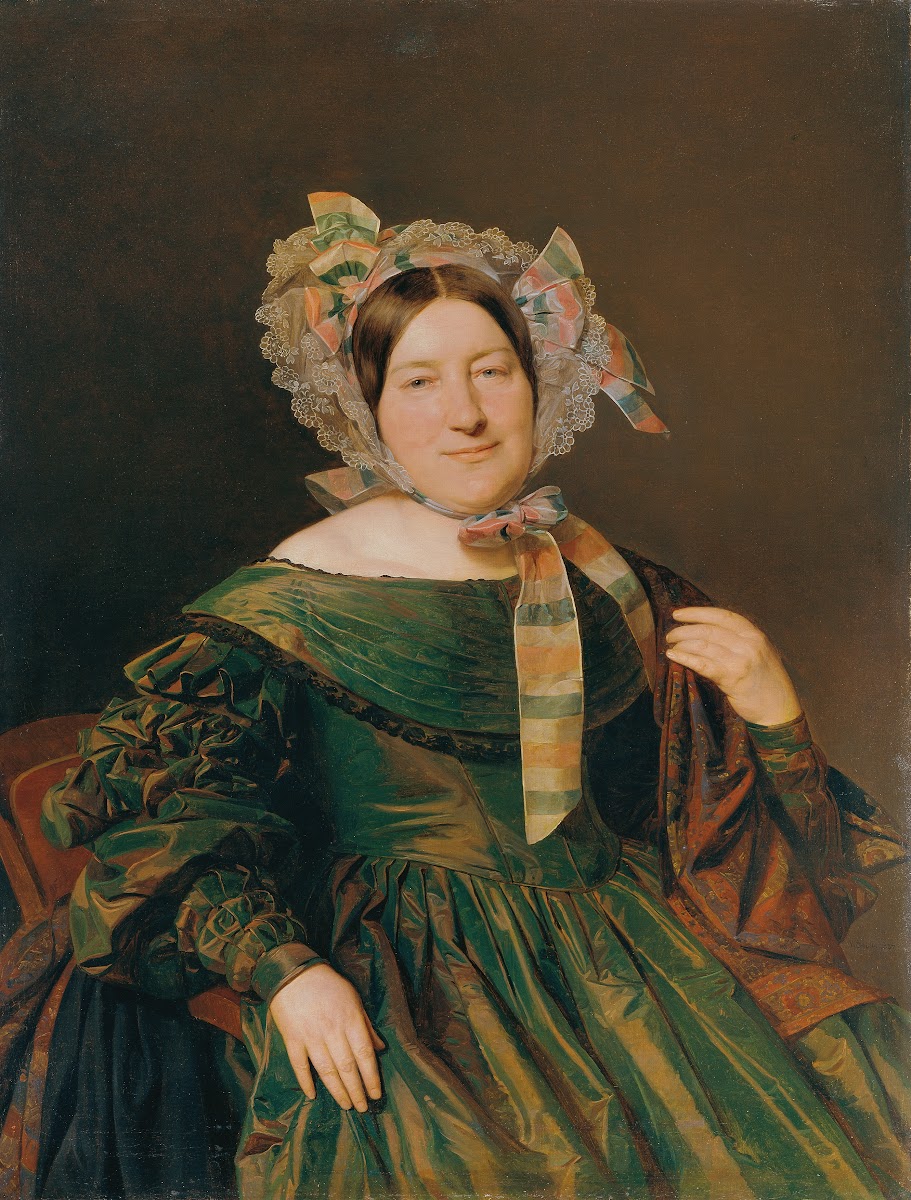 Frau in grünem lachsrot changierendem Kleid 1837
