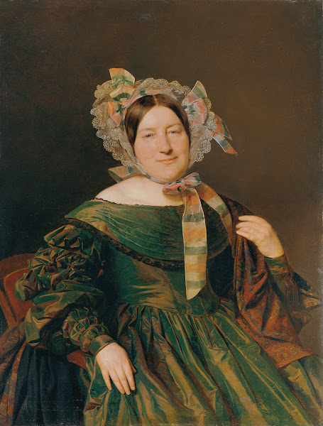 Frau in grünem lachsrot changierendem Kleid 1837