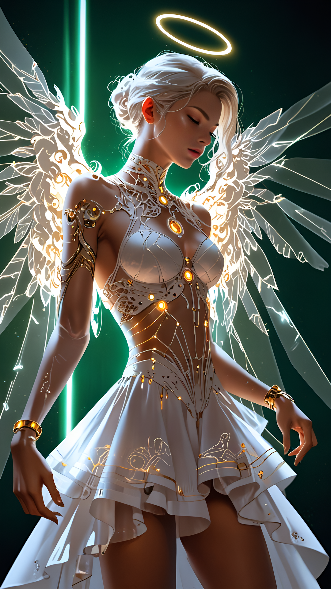 Ethereal Cyber Angel Portrait Glowing White Dress Emerald Green - Free 4K mobile Wallpaper