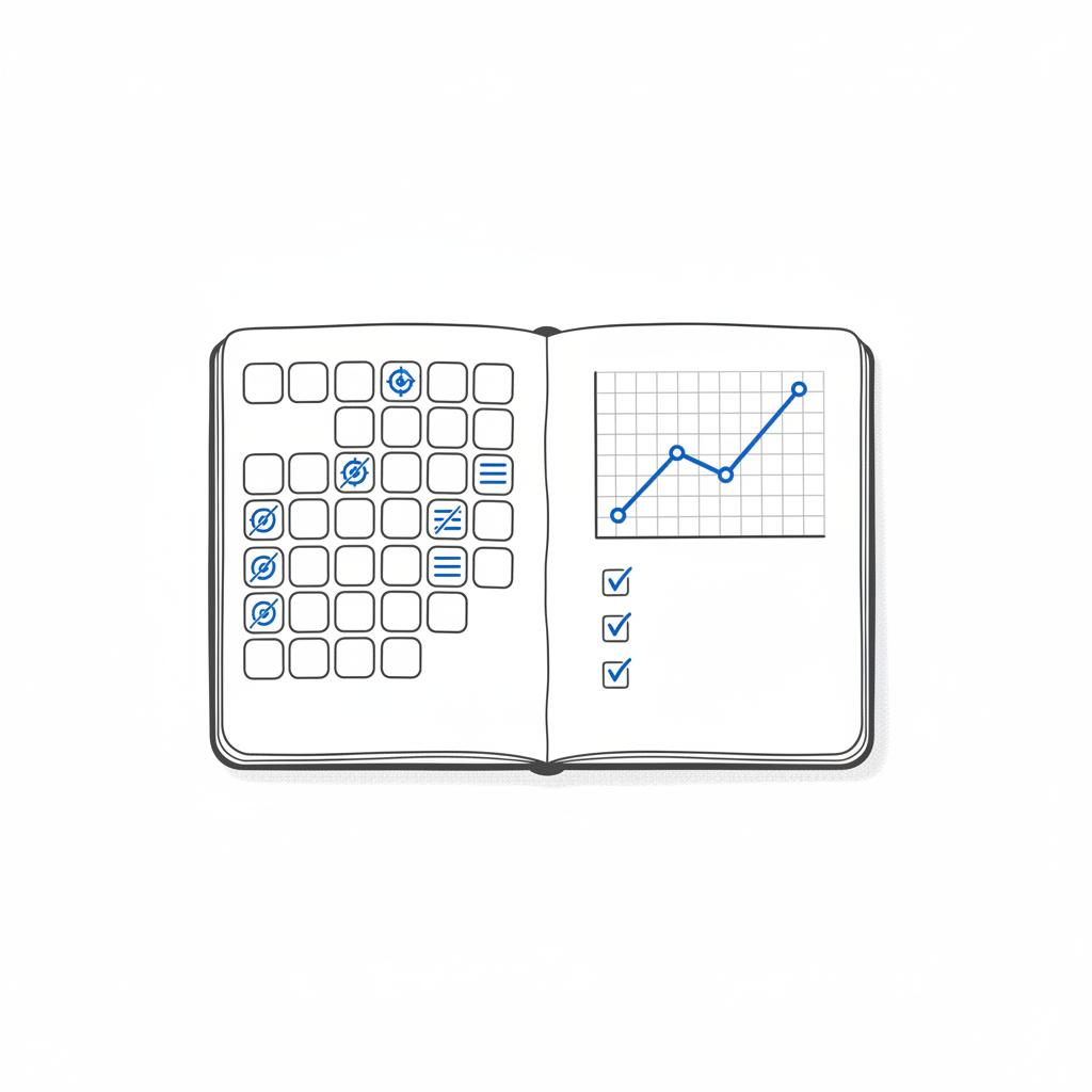 Minimalist vector notebook spread showing a 30&ndash;60 day test plan with a calendar grid, conversion improvement chart and checked checklist &mdash; how much does Thumbtack cost