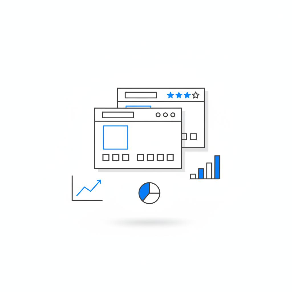Minimalist 2D vector of layered webpage mockups and charts on white background with upward trend lines and blue star icons, using Agency Visible colors for online reputation management
