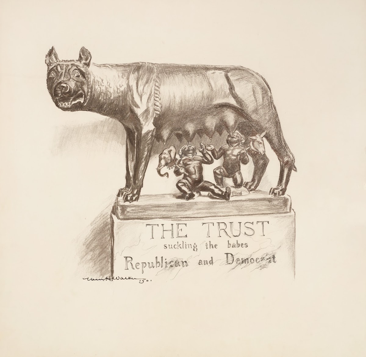 Men representing the Democratic and Republican Parties suckled by a wolf represe