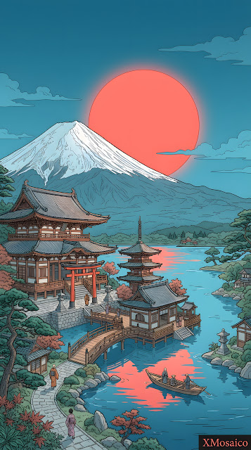 Mount Fuji Red Sun Traditional Line Art - Free mobile Wallpaper