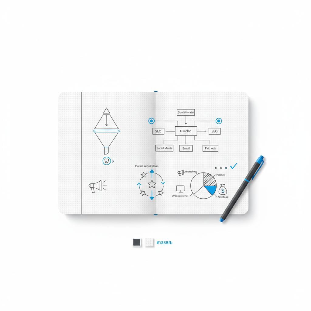 Top-down 2D vector of a clean notebook page with wordless marketing diagrams for dental practices, pen and brand color swatches &mdash; how much do dentists pay for marketing