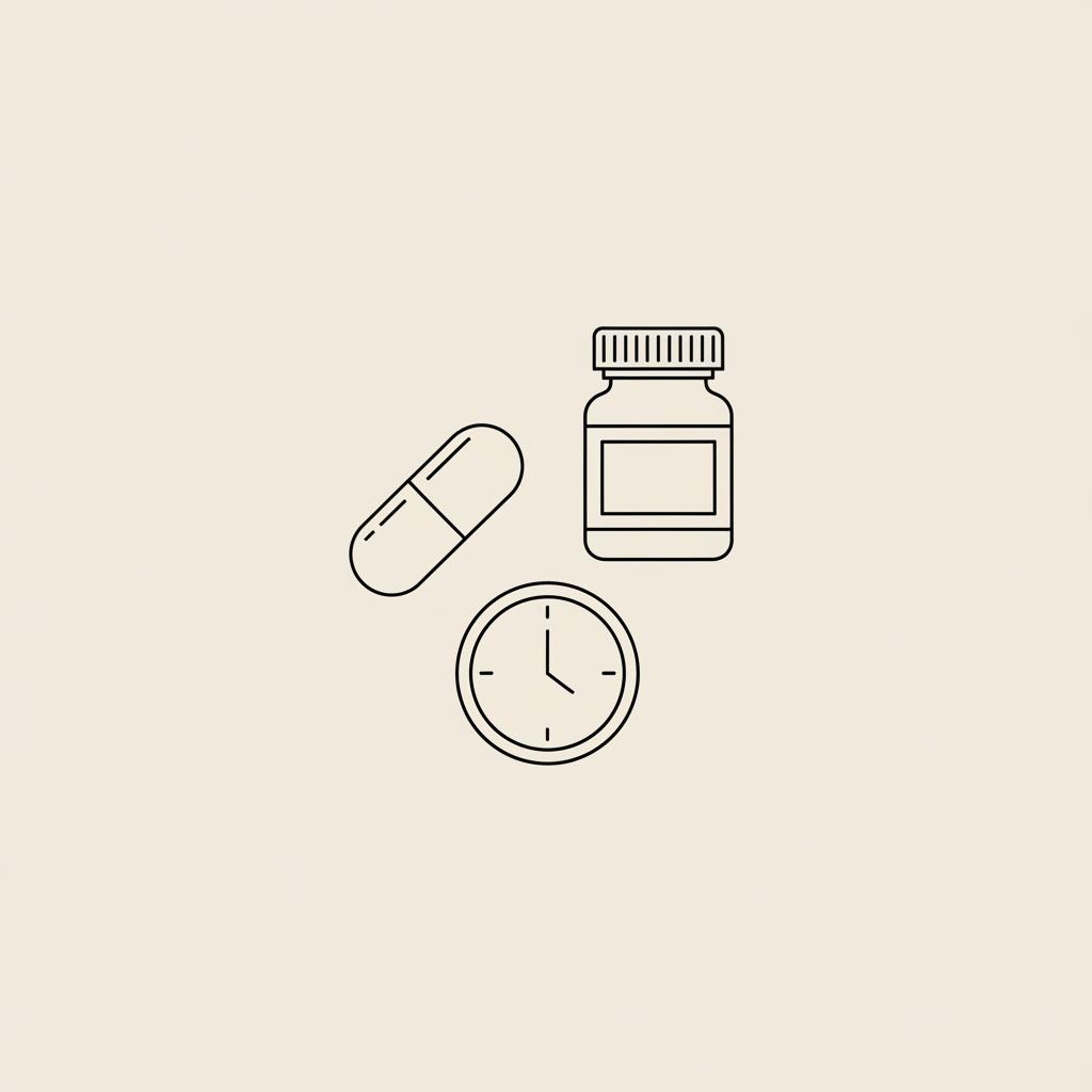 Minimal Tonum-style line illustration of a capsule, small pill bottle, and clock on beige background representing alpha-lipoic acid timing.