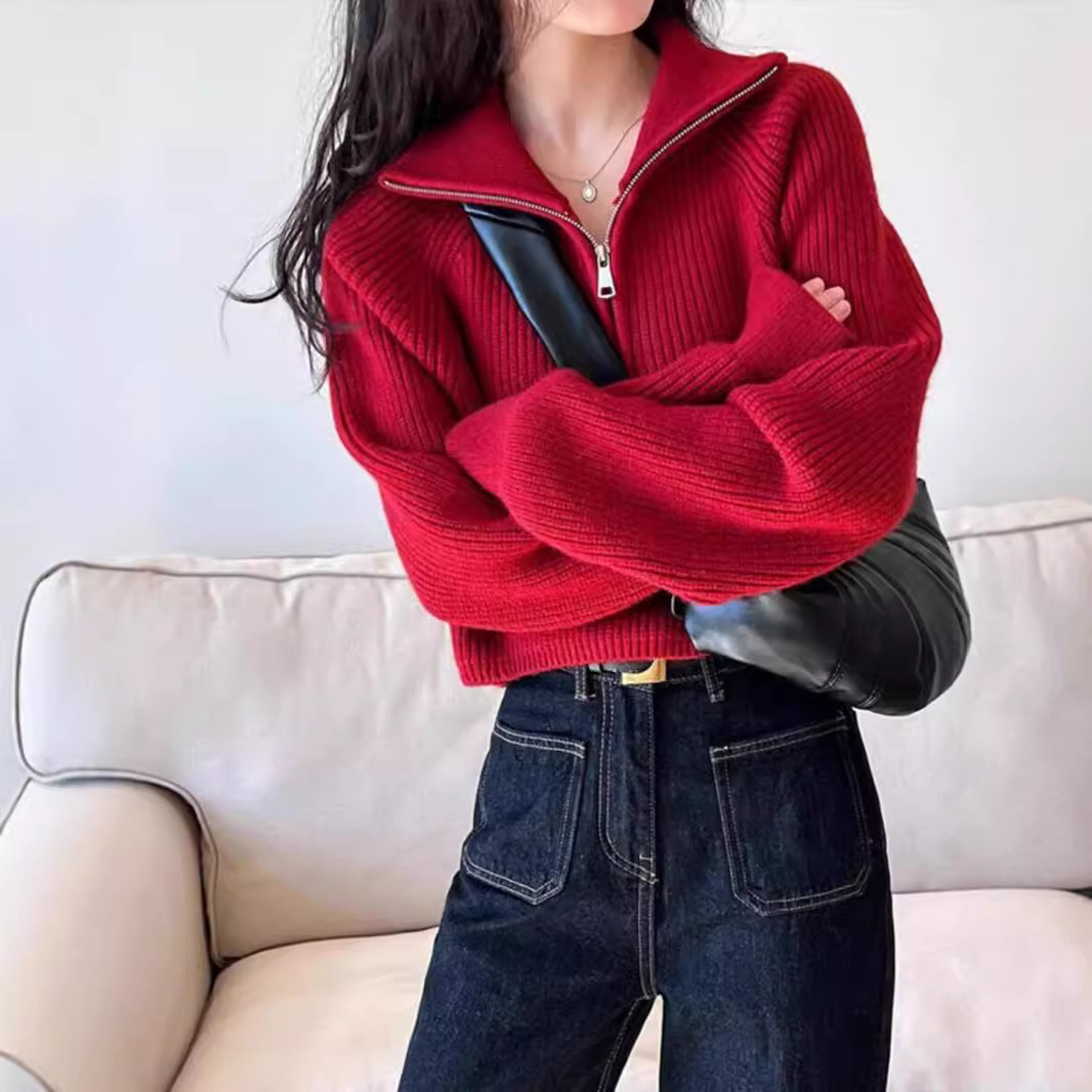 American Retro Knitted Pullover with Half Zipper