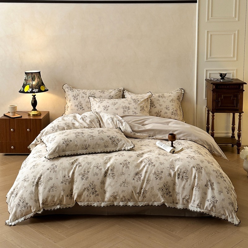 Cotton Bedding Set, brushed, Vintage style, with lace trim