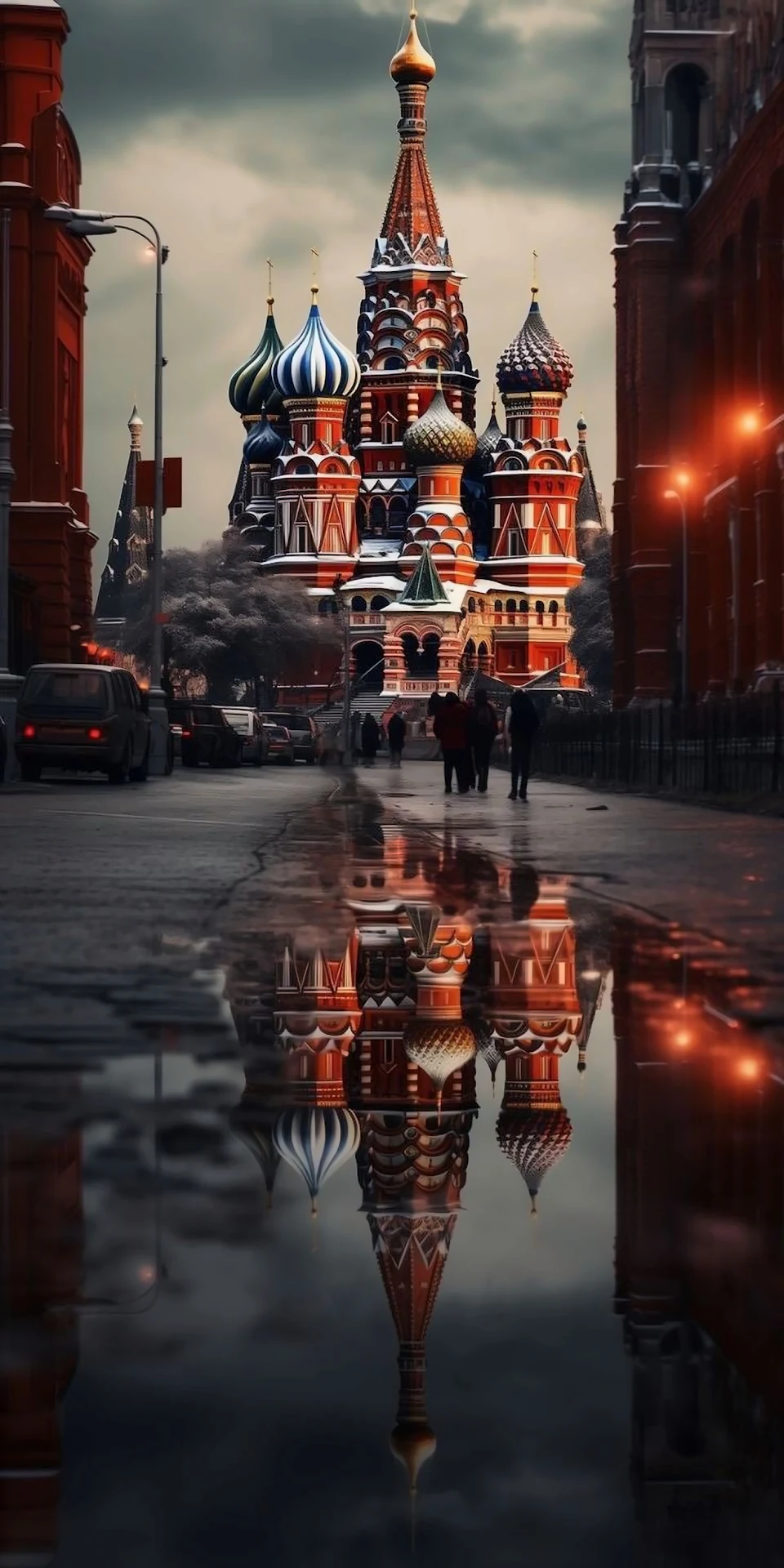 Moscow Cathedral Puddle Reflection Moody Street Scene - Free 4K mobile Wallpaper