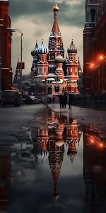 Moscow Cathedral Puddle Reflection Moody Street Scene