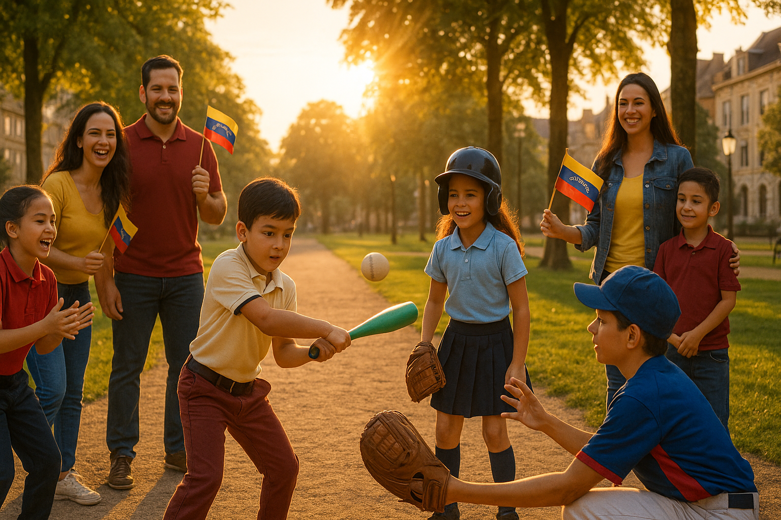 Niños venezolanos jugando béisbol en un parque europeo, familias alentando con banderas tricolores