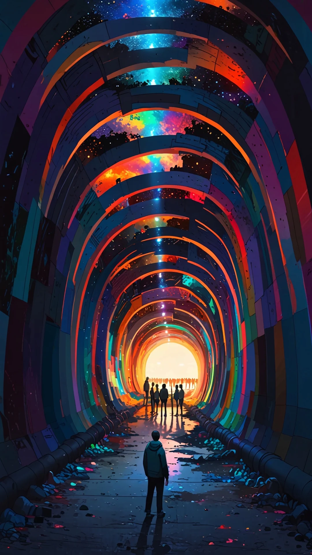 Figures walk through glowing rainbow tunnel toward cosmic light - Free 4K mobile Wallpaper