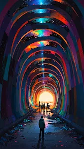 Figures walk through glowing rainbow tunnel toward cosmic light