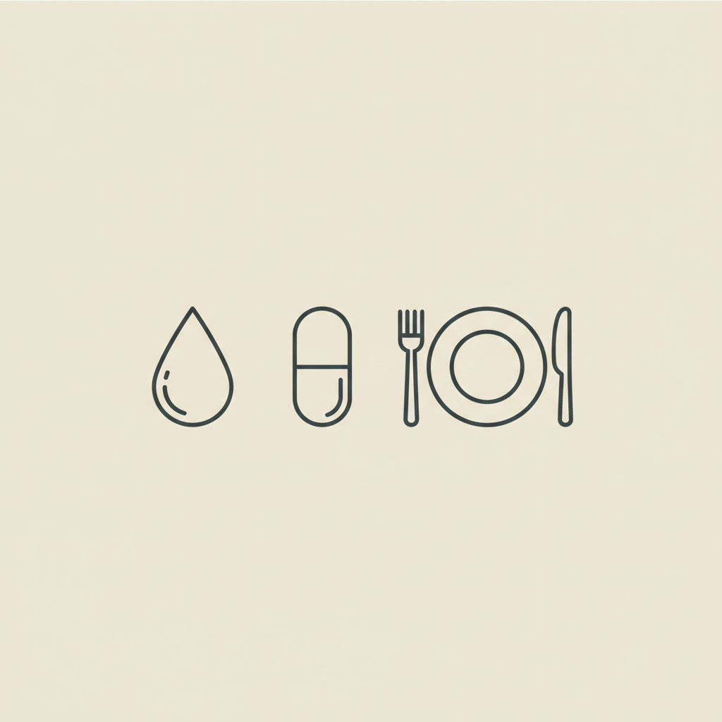 Minimal Tonum-style line illustration of oil droplet, capsule and plate with cutlery representing MCT oil disadvantages