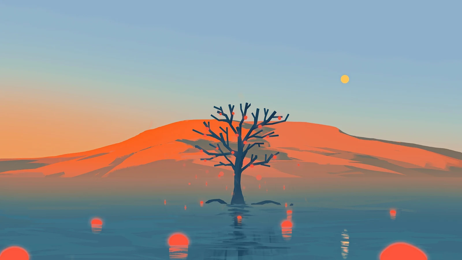 Digital Art, Minimalism, Trees, Water, Mountains 4K Desktop, iPhone Wallpaper Background