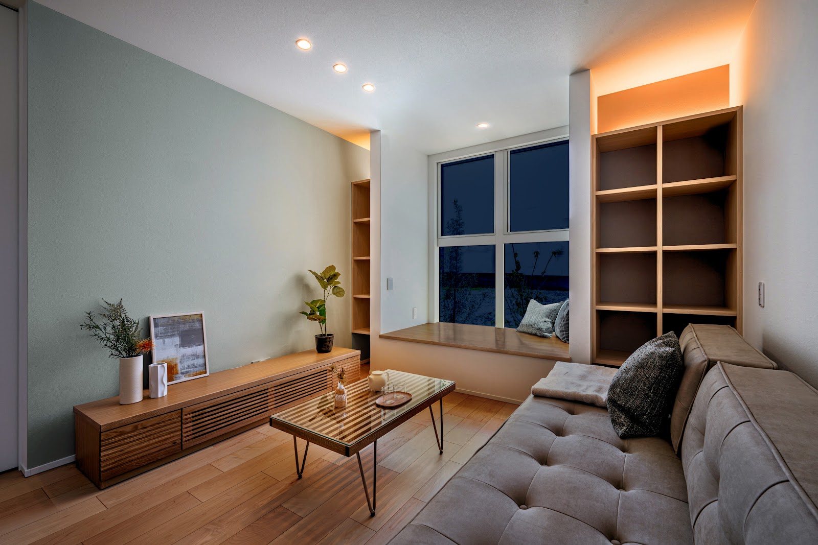 夜間の照明の様子、STEP01：ナチュラ、STEP3：クロス