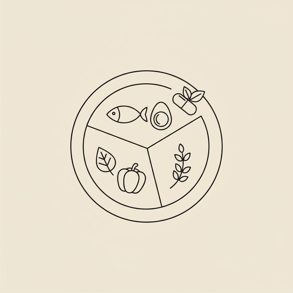 Minimalist line-art plate divided into protein, vegetables and grains with a capsule and leaf on a beige background representing metabolic meals