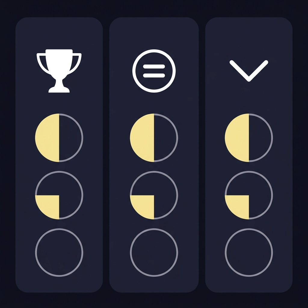 Minimalist 2D vector three column outcome matrix for asian handicap soccer showing win draw loss icons and half filled quarter filled and empty circular outcome indicators on dark background
