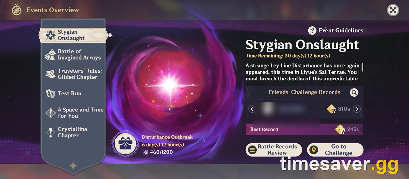 In-game Genshin Impact Events Overview screen showing the Stygian Onslaught entry with the Disturbance Outbreak counter, a Dire Prestige total and a best total clearance record