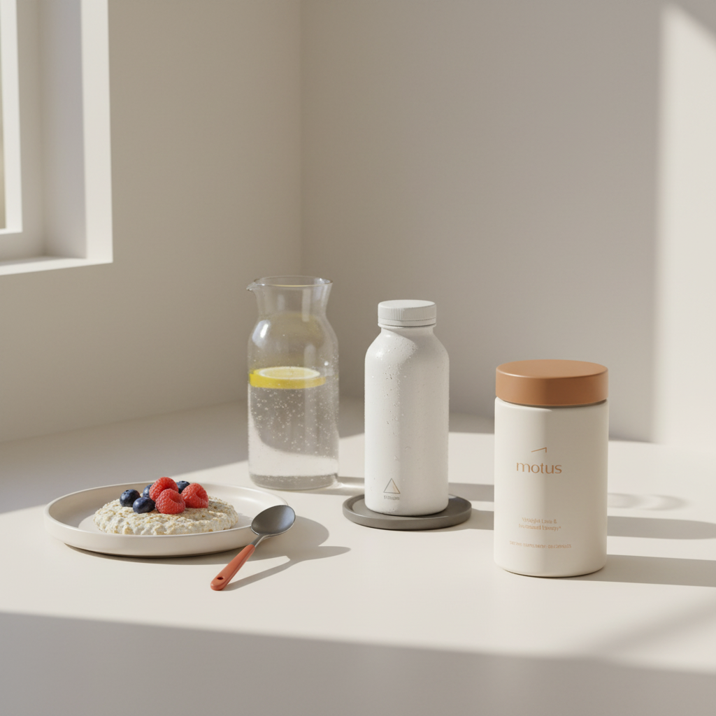 Minimalist kitchen scene showing the Tonum Motus jar beside a chilled protein bottle, glass carafe and plate of oats and berries for best protein shake 2025