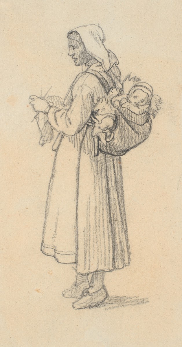 Strikkende svensk kone med et barn på ryggen 1851