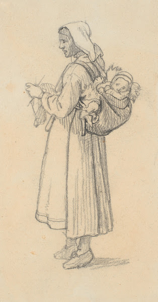 Strikkende svensk kone med et barn på ryggen 1851
