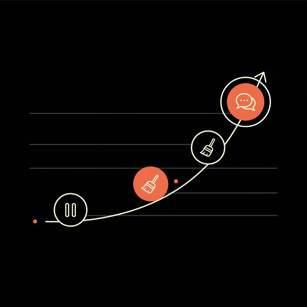 Vector infographic illustrating shadowban recovery: subtle upward curve with three checkpoint icons (pause, cleanup, engage) on black background using Social Success Hub colors