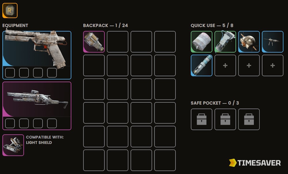 An ARC Raiders loadout screen with the Quick Use bar stocked with smokes and heals for a fast smoke-and-grab core run