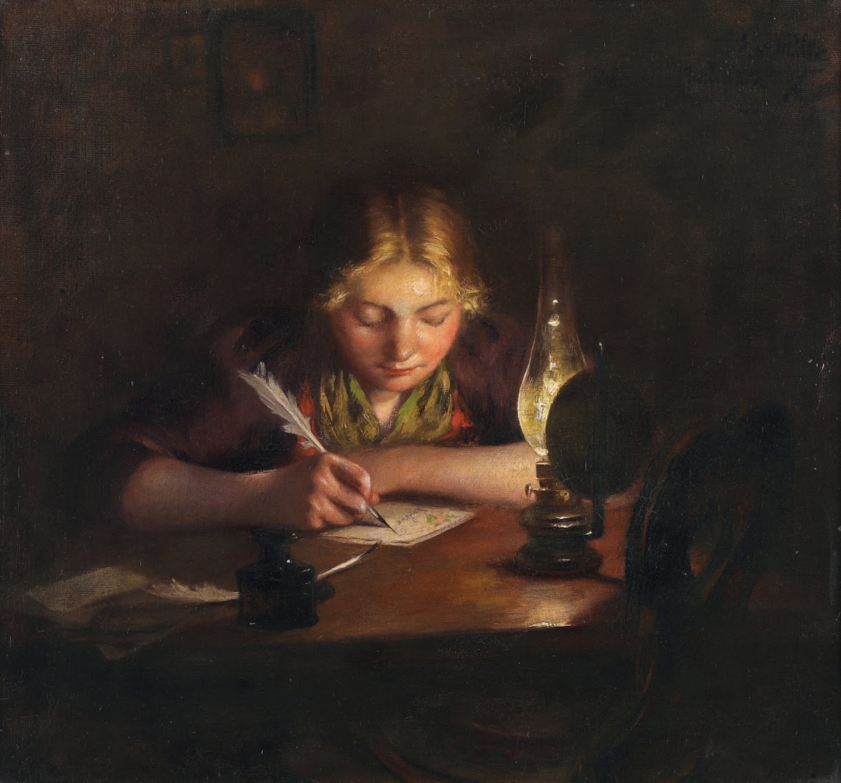 A Girl Writing by Lamp Light