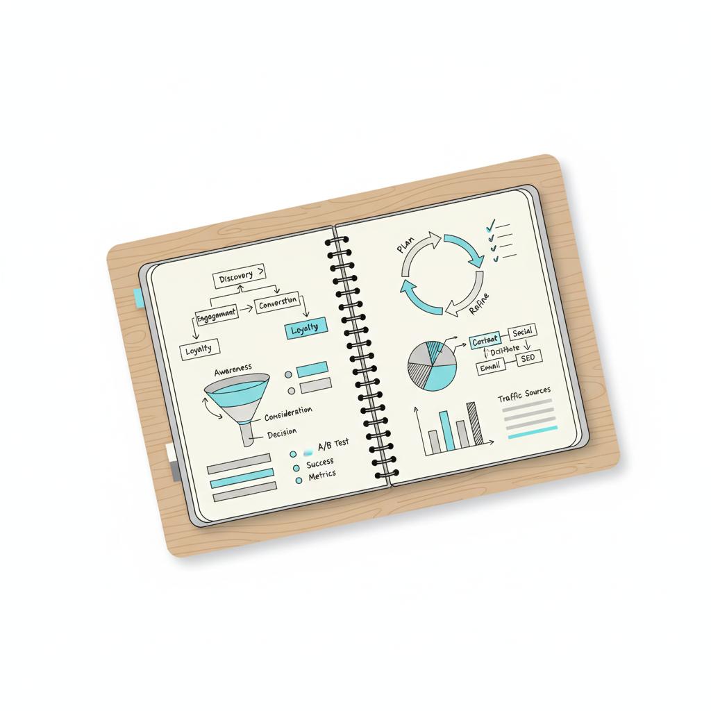 Minimal 2D vector notebook page with sketches of workflows, funnel, sticky notes and a simple budget split&mdash;marketing budget allocation visualized in Agency Visible style