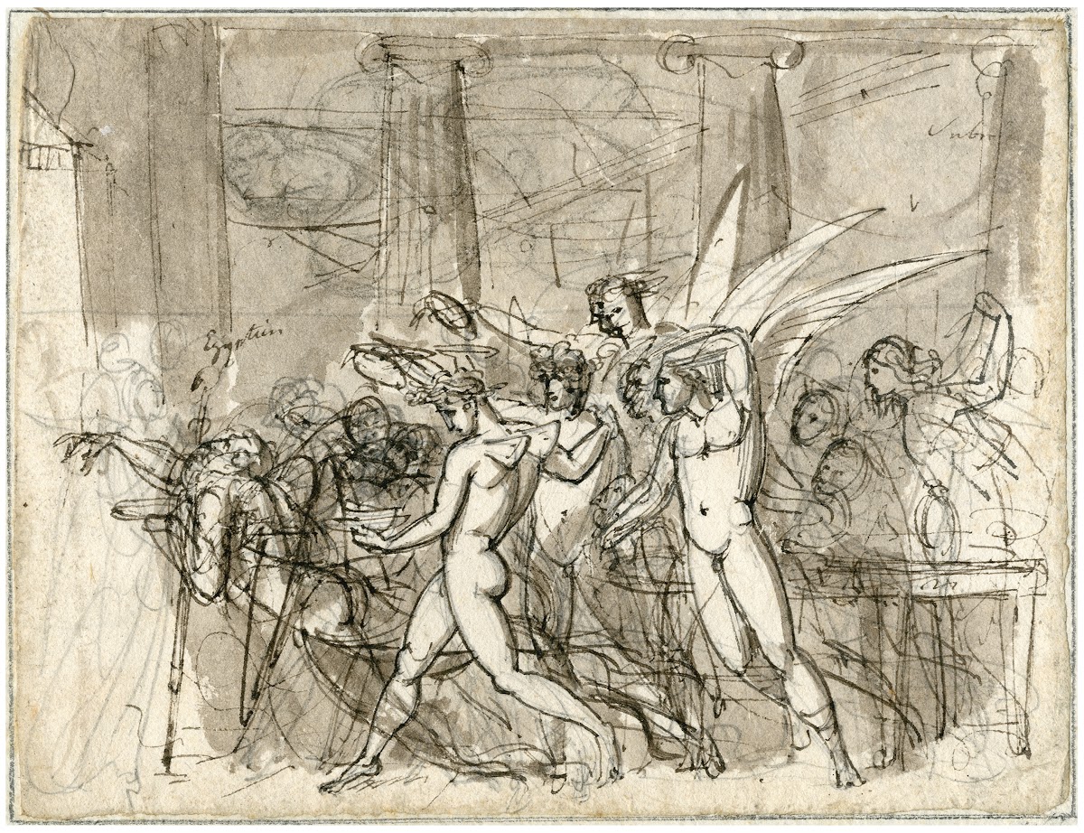 Drukke scene met naakte en gevleugelde figuren