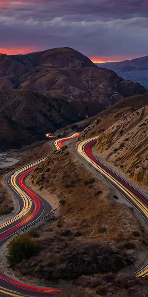 Mountain Road, Sunset, Long Exposure, Light Trails 4K Wallpaper Background