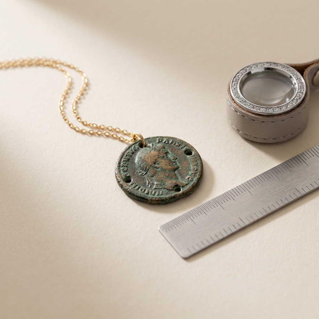 Minimalist full frame image of an authentic roman coin necklace pendant with patina visible near drilled holes beside a ruler and magnifying loupe on warm beige background