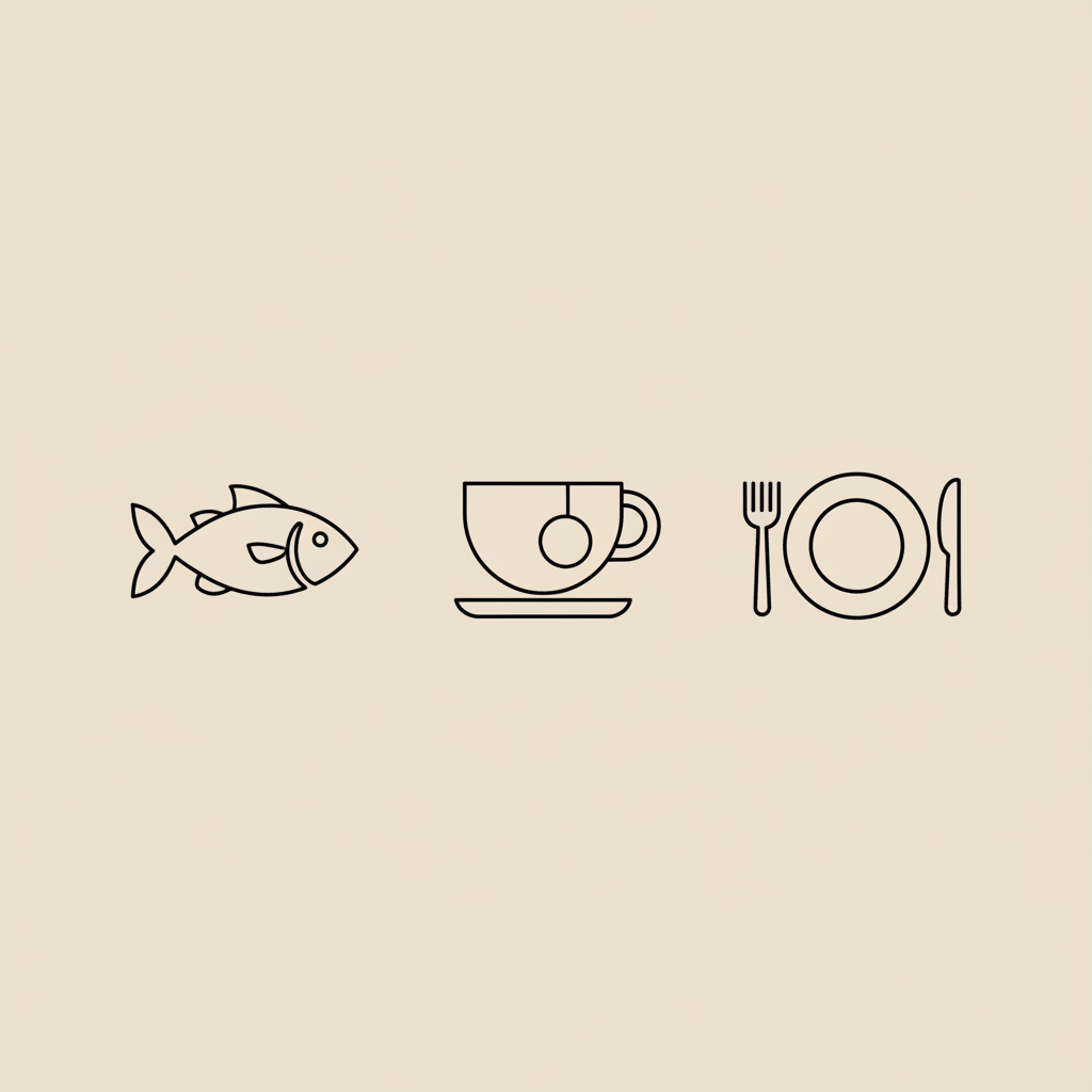 Minimal Tonum-style line illustration of a fish, tea cup, and plate with fork and knife representing what foods increase metabolism and burn fat.