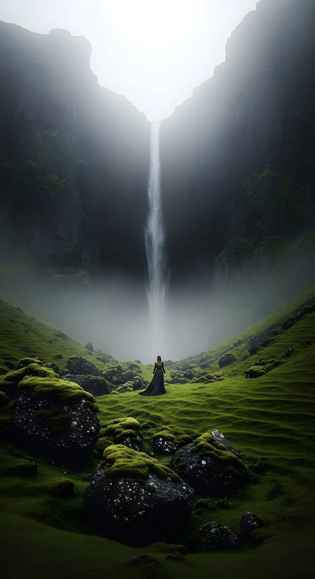 Epic Fantasy Landscape of a Solitary Woman in a Dark Dress Walking on a Green Hillside Below Misty Cliffs - Free 4K mobile Wallpaper
