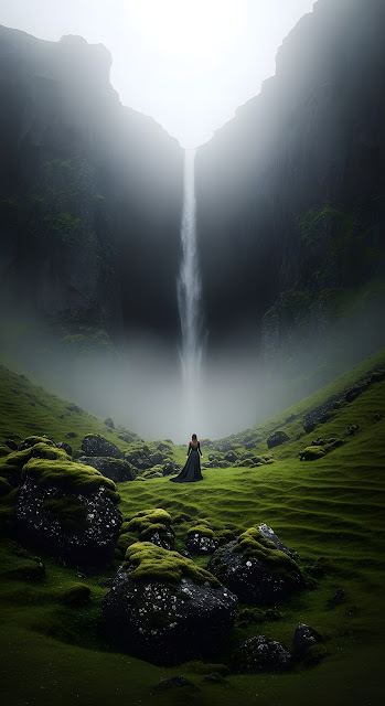 Epic Fantasy Landscape of a Solitary Woman in a Dark Dress Walking on a Green Hillside Below Misty Cliffs - Free mobile Wallpaper