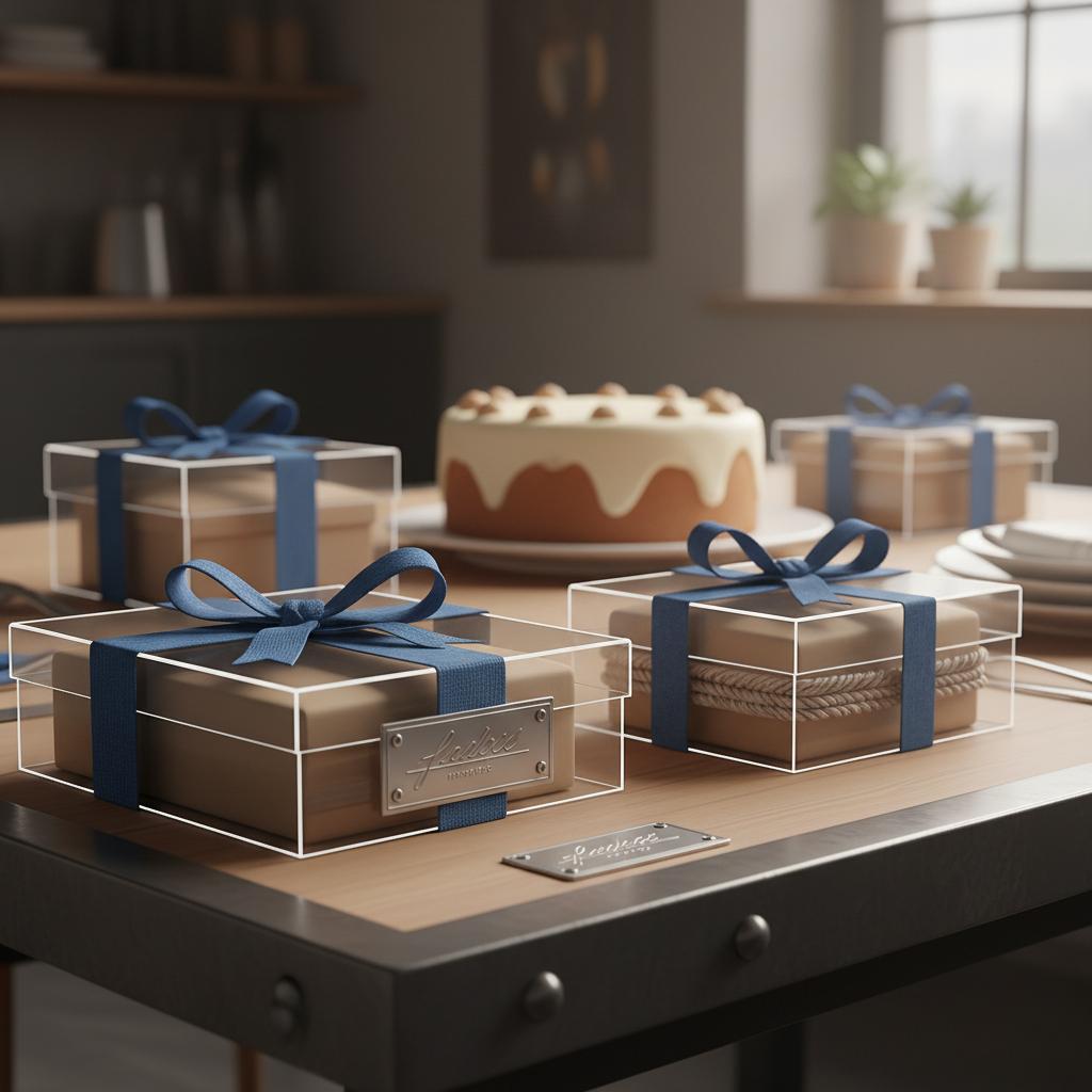 Nahaufnahme gedeckter Tisch mit Geschenkverpackungen und Vanilletorte, Fokus auf gravierte Metallplatte, Stoffband und Kordel – geschenkideen lehrer