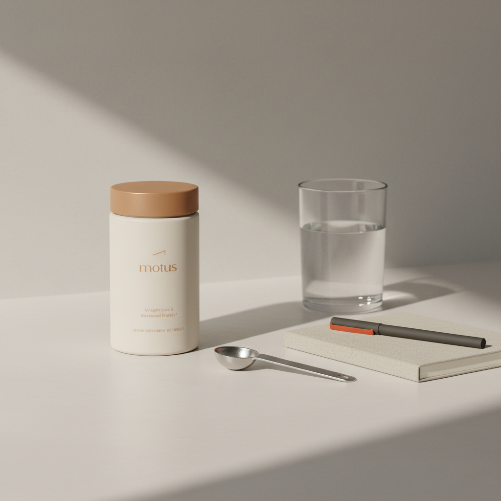 Motus weight loss pill jar on a neutral kitchen counter beside a measuring spoon, notebook, and glass of water in a minimalist Tonum lifestyle scene