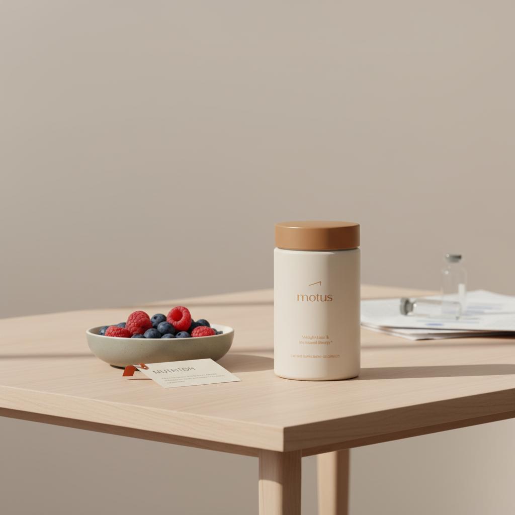 Minimalist photo of Tonum Motus container on a wooden table beside a ceramic dish of berries and a folded nutrition note, evoking evidence-backed hepatic metabolism support.