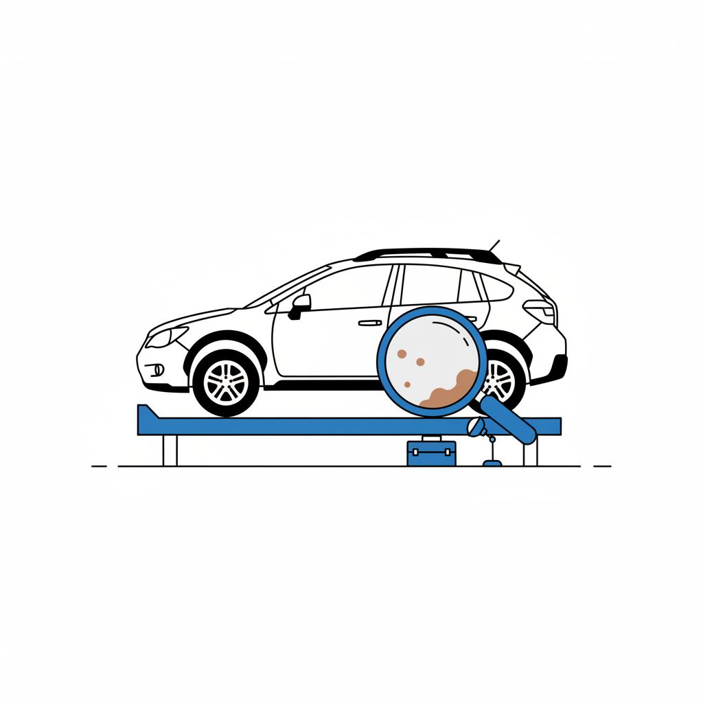 Minimalist vector of a Subaru Crosstrek on a service lift with an underbody magnifier showing rust spots and blue inspection markers subaru crosstrek for sale