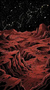 Monochromatic Martian Landscape under Starry Night Sky