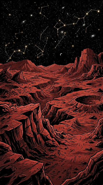 Monochromatic Martian Landscape under Starry Night Sky - Free mobile Wallpaper